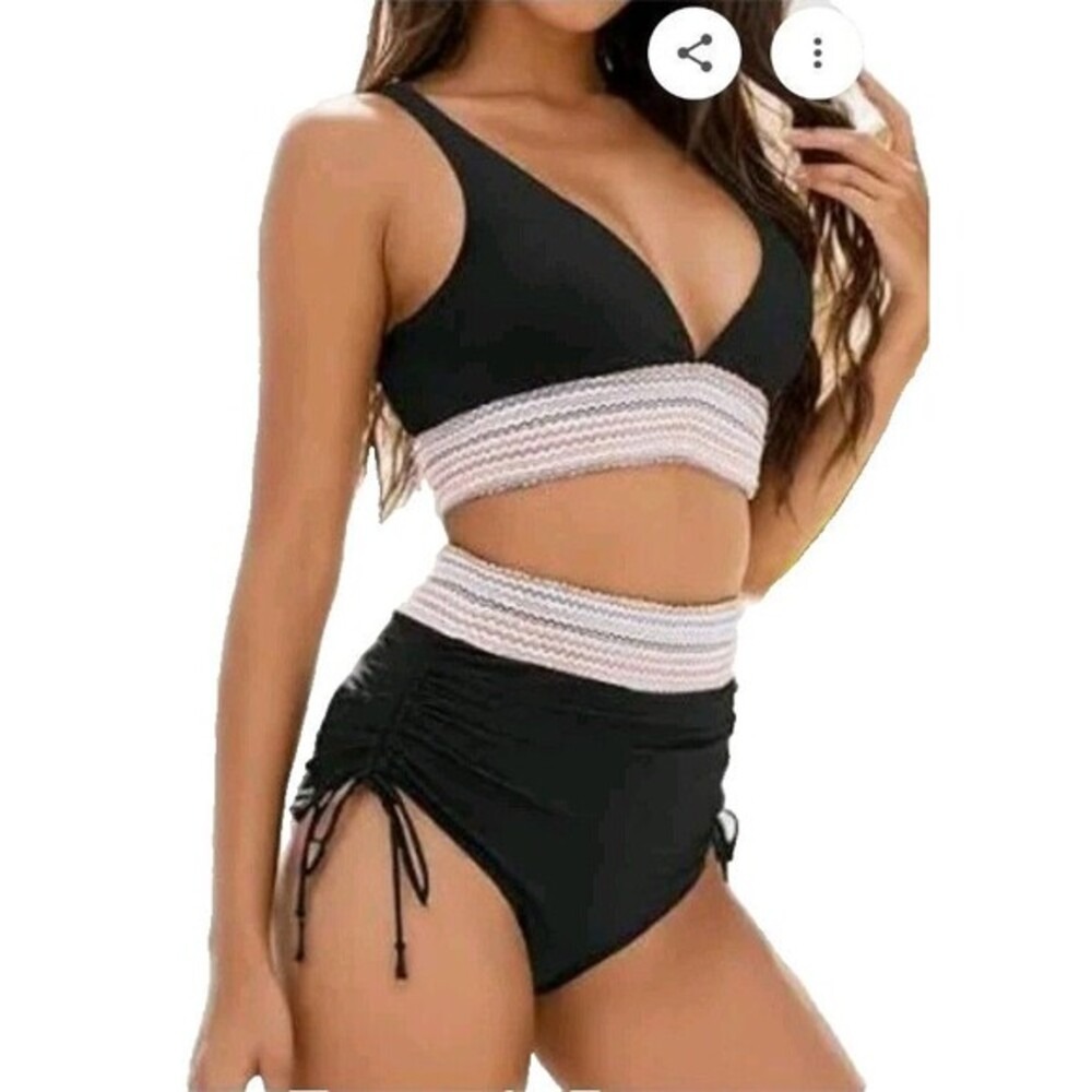 Zuvebamyo XL Black High Waisted Bikini Set Color Block Tummy Control NEW